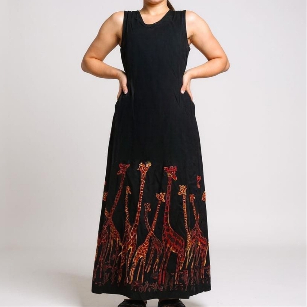 Vintage Giraffe Animal Print Maxi Dress Red Black Size Medium